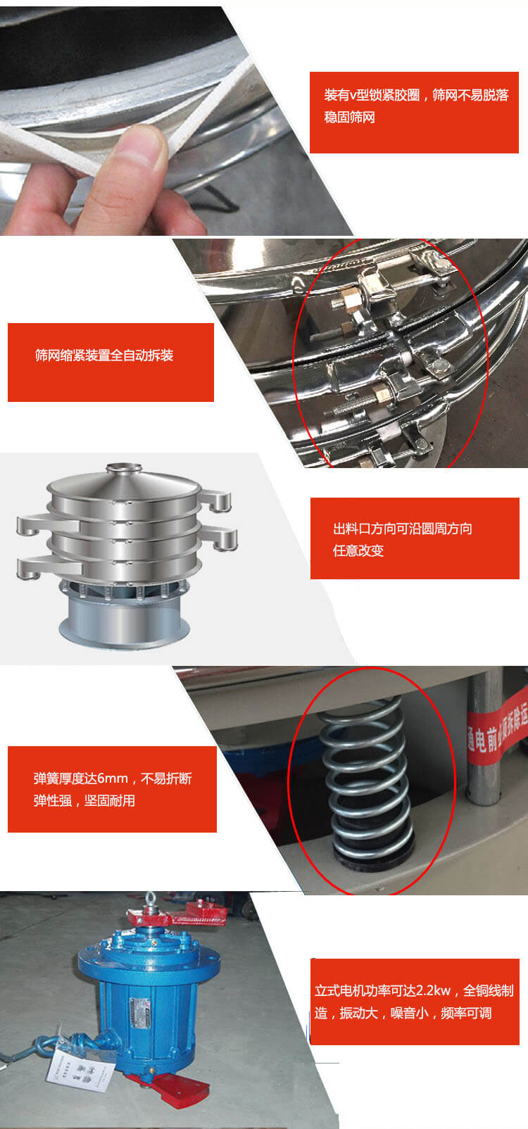 裝有V型鎖緊膠圈，使篩網(wǎng)不易脫落穩(wěn)固篩網(wǎng)，篩網(wǎng)鎖緊裝置，全自動(dòng)拆裝，出料口方向可沿圓周方向任意改變。彈簧厚度達(dá)6mm，不易折斷，彈性強(qiáng)，堅(jiān)固耐用。專業(yè)的振動(dòng)電機(jī)，全銅線制造，振動(dòng)大，機(jī)械噪音小，頻率可調(diào)。產(chǎn)品對比:材質(zhì)：大漢振動(dòng)篩廠家采用304不銹鋼材質(zhì)耐腐蝕性，耐熱性強(qiáng)。個(gè)別廠家采用其它金屬材質(zhì)，耐腐蝕性，耐熱性差蒸發(fā)緩慢，烘干效率較低。大漢振動(dòng)篩廠家采用金屬編織網(wǎng)，篩分精度高，效率高，篩網(wǎng)利用率高。