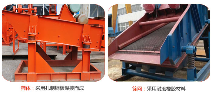 礦用振動(dòng)篩特點(diǎn)：篩體采用扎制鋼板焊接而成，篩網(wǎng)采用耐磨橡膠材質(zhì)