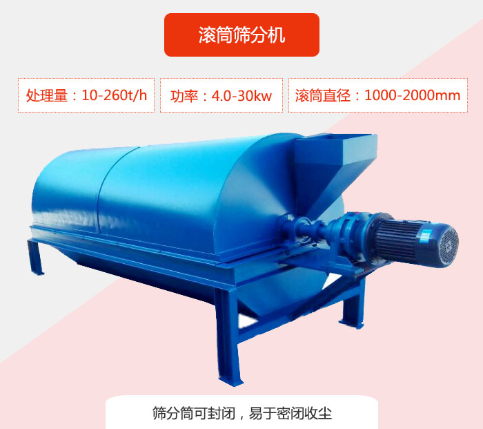 滾筒篩分機：處理能力：10-260t/h  功率：4.0-30kw 滾筒直徑：1000-2000mm 篩分筒可封閉，易于密閉收塵