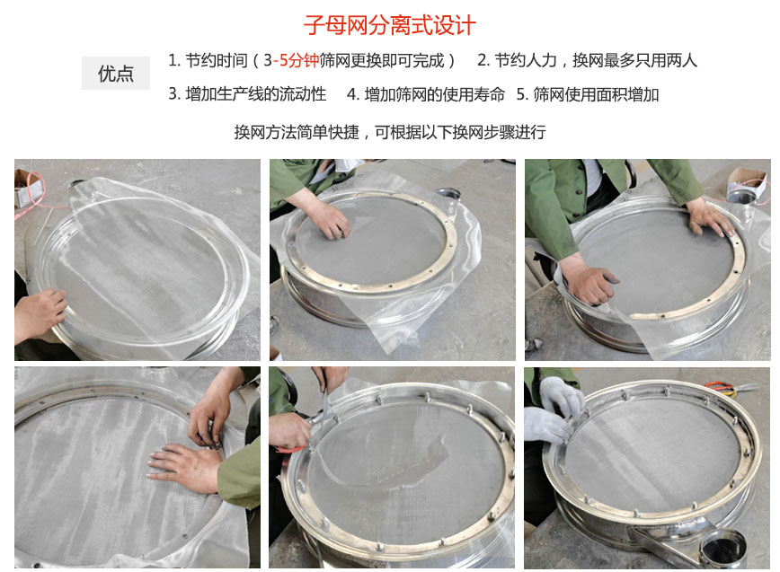 大漢振動(dòng)機(jī)械換網(wǎng)優(yōu)勢：1，節(jié)省時(shí)間（3-5分鐘篩網(wǎng)更換即可完成）2，節(jié)省人力，換網(wǎng)只有兩人。3.增加生產(chǎn)線的流暢性。4.增加篩網(wǎng)壽命，彈跳球不直接撞擊子網(wǎng)。5.篩網(wǎng)使用面積增加。