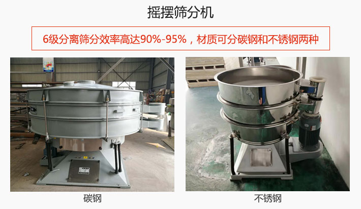 搖擺篩分機(jī)6級(jí)分離篩分效率高達(dá)90%-95%，材質(zhì)可分碳鋼和不銹鋼兩種。