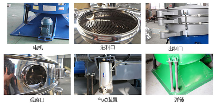 搖擺篩分機(jī)由進(jìn)料口，出料口，觀察口，電機(jī)，彈簧，氣動(dòng)裝置等部件組成