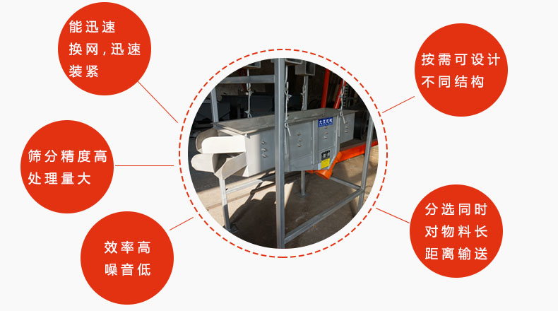 吊掛式振動篩優(yōu)勢：能迅速換網(wǎng)，迅速裝緊，篩分精度高，處理量大，效率高噪音低，分選同時對物料長距離輸送。按需可設(shè)計不同結(jié)構(gòu)。