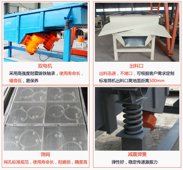 1030直線振動(dòng)篩雙電機(jī)采用高強(qiáng)度耐震鑄鐵軸承使用壽命長(zhǎng)、噪音低，易保養(yǎng)；出料口排料迅速，不堵口，可根據(jù)客戶需求定制，標(biāo)準(zhǔn)機(jī)器出料口離地面距離500mm;篩網(wǎng)網(wǎng)孔標(biāo)準(zhǔn)規(guī)范、使用壽命長(zhǎng)，耐磨損、精度高；減震彈簧：彈性好，穩(wěn)定傳遞激振力。
