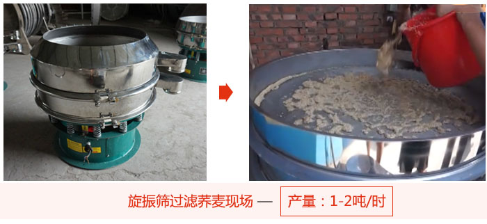 旋振篩過濾蕎麥現(xiàn)場(chǎng)，產(chǎn)量可達(dá)2噸每小時(shí)。
