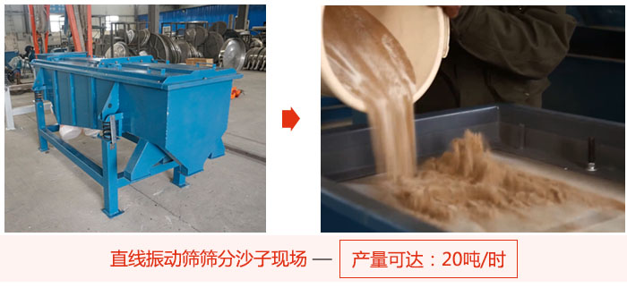 直線振動(dòng)篩篩分沙子現(xiàn)場(chǎng)展示，產(chǎn)量高達(dá)20噸每小時(shí)。