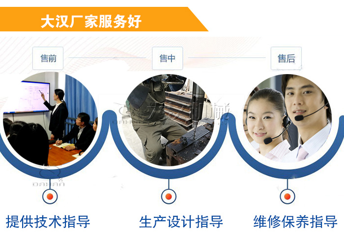 大漢廠家服務(wù)流程：售前-售中-售后：提供技術(shù)指導(dǎo)，生產(chǎn)設(shè)計(jì)指導(dǎo)，維修保養(yǎng)指導(dǎo)。