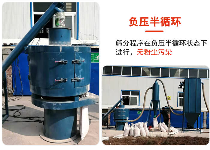 氣流篩負壓半循環(huán)，篩分程序在負壓版循環(huán)狀態(tài)下進行，無粉塵污染。