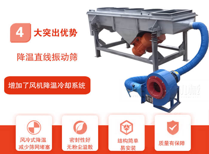 降溫直線振動(dòng)篩性能特點(diǎn)：1，技術(shù)成熟，質(zhì)量可靠，篩分精度高，處理量大。2，風(fēng)冷式降溫系統(tǒng)設(shè)計(jì)，快速有效降溫。3，適用范圍廣，可應(yīng)用于各種需要降溫的物料。4，設(shè)計(jì)精巧合理，結(jié)構(gòu)簡(jiǎn)單，易安裝，耗能少，噪音低5，篩網(wǎng)使用壽命長(zhǎng)，換網(wǎng)更方便，快捷6，設(shè)備整體密封性好，無(wú)粉塵溢散。