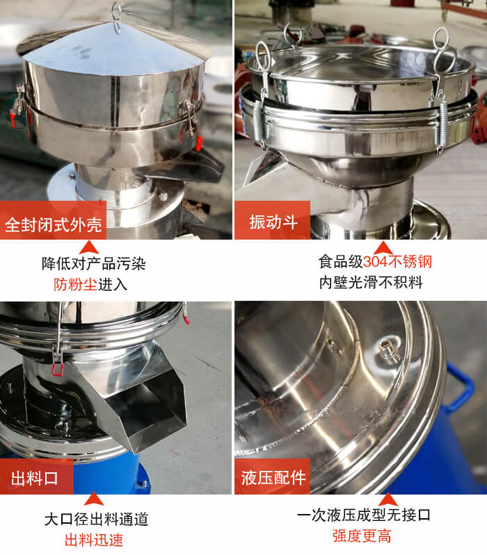 450過(guò)濾篩機(jī)結(jié)構(gòu)組成：全封閉式外殼設(shè)計(jì)：對(duì)產(chǎn)品的污染低，防塵粉進(jìn)入電機(jī)內(nèi)部延長(zhǎng)設(shè)備壽命。振動(dòng)斗：食品304不銹鋼篩斗，內(nèi)壁光滑不存在積料現(xiàn)象。出料口，大口徑出料通道，出料迅速，提高工作效率。液壓配件：一次液壓成型無(wú)接口強(qiáng)度更高。