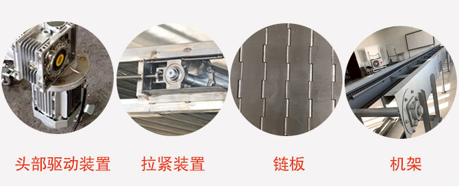 鏈板輸送機結(jié)構(gòu)：頭部驅(qū)動裝置，拉緊裝置，鏈板，機架等圖片展示