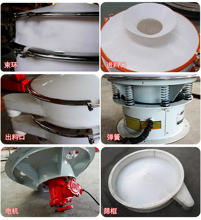 塑料防腐蝕振動(dòng)篩細(xì)節(jié):進(jìn)料口，框體，網(wǎng)架底框，出料口等。