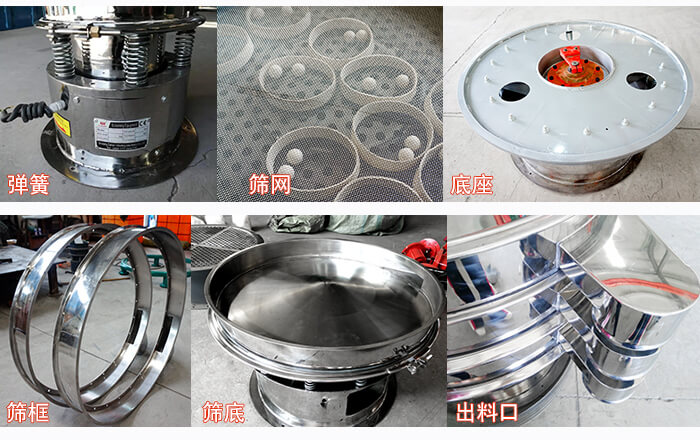 細節(jié)展示：篩框，篩網(wǎng)，振動底座，振動體，出料口。