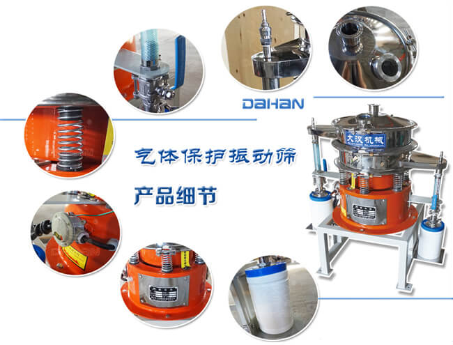 氣體保護振動篩細節(jié)：振動彈簧，手動閥門，料罐等。