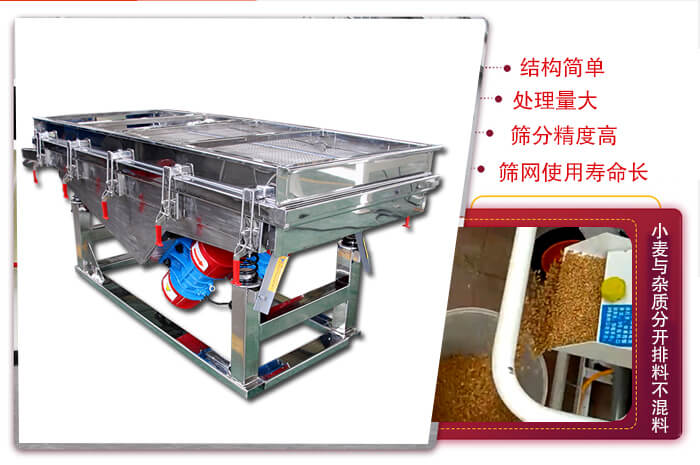 小麥清理振動篩結(jié)構(gòu)簡單，處理量大，篩分精度高，篩網(wǎng)使用壽命長。